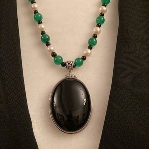 Black Onyx Pendant, Pearl, Jade and Onyx Necklace